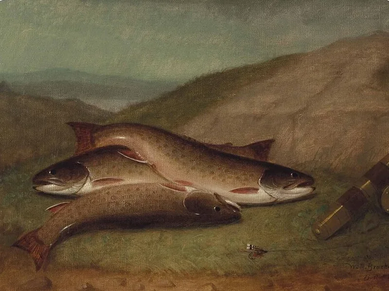 1823-Walter M. Brackett - Cattura del giorno, Trota sulla riva di un fiume (1885)